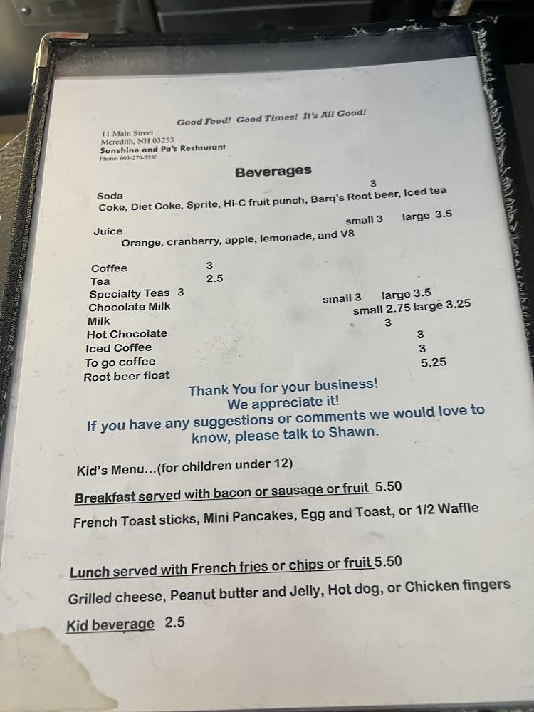 Sunshine & Pa's Menu image 1